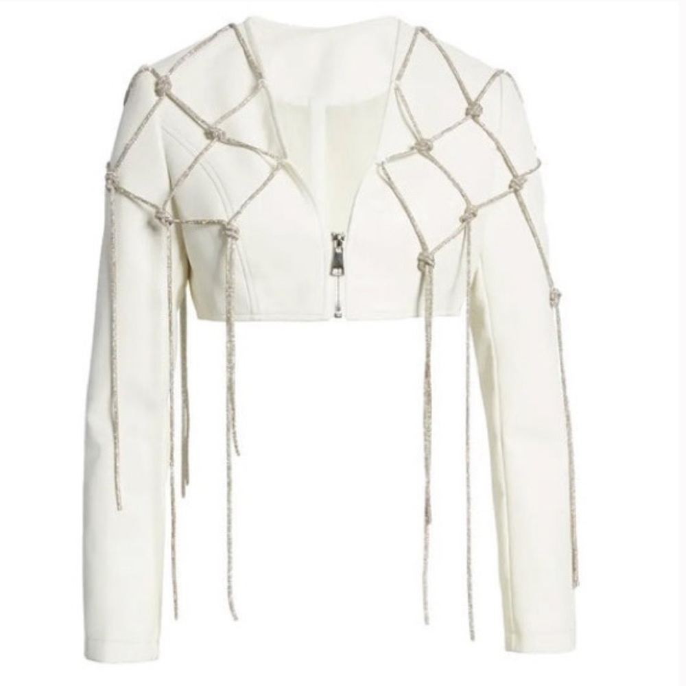 Azalea Wang AURA WHITE RHINESTONE CROPPED JACKET size Small